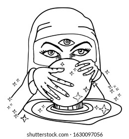 Clairvoyant predicts the future with a crystal ball. Magical astrology, prophecy, spells. Oracle work with hands. Hand drawn vector illustration