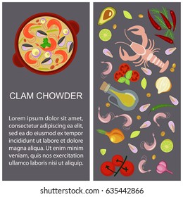 Clam chowder with ingredients for recipe or menu. Top view Vector illustration eps 10.