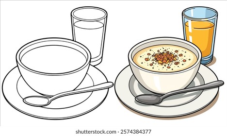 Clam Chowder and Juice Line Art Vector Illustration Black and White with Coloring Sample. Bold and Easy Food, Fruits, Sweets, Drinks, Dessert, and Snacks Coloring Pages for Adults and Kids.