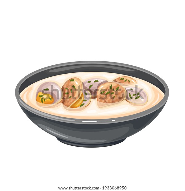 Clam chowder soup bowl vector icon.\
Traditional American cream soup with clams and\
broth.