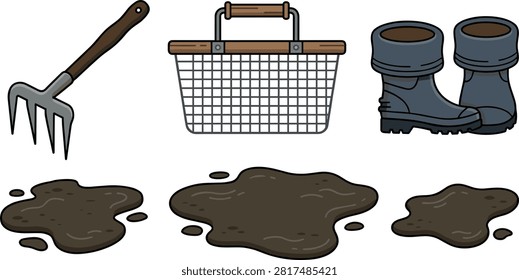 Clam Digging Equipment Vector Set Featuring Garden Rake Metal Wire Basket Rubber Boots and Mud Puddles for Shellfishing Designs.eps
