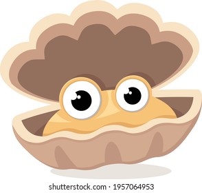 A clam with eyes in an open shell on a white background. The character