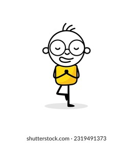 Clam man meditate in yoga pose and balance on one leg. Harmony, balance or meditation, mindfulness relaxation for life wellness, zen, focus or concentration concept. Vector stock illustration.