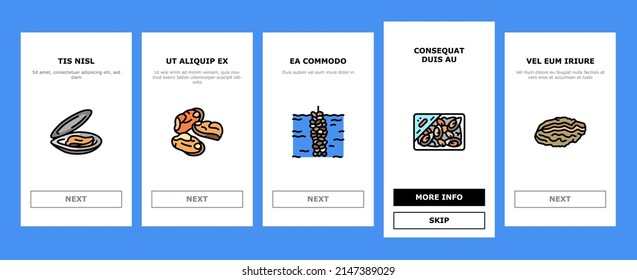 Clam Marine Sea Farm Nutrition Onboarding Mobile App Page Screen Vector. Ocean Quahog And Surf Clam, Pearl Oyster Shell And Mussel, Donax Pacific Geoduck . Seafood Delicious Nutrient Illustrations