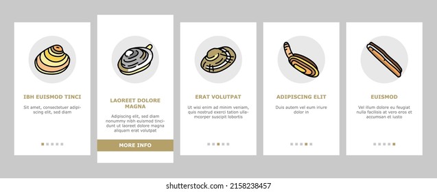 Clam Marine Sea Farm Nutrition Onboarding Mobile App Page Screen Vector. Ocean Quahog And Surf Clam, Pearl Oyster Shell And Mussel, Donax Pacific Geoduck . Seafood Delicious Nutrient Illustrations