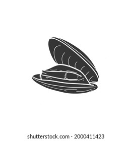 Clam Ocean Icon Silhouette Illustration. Seafood Vector Graphic Pictogram Symbol Clip Art. Doodle Sketch Black Sign.