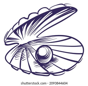 Clam shell with pearl inside in hand drawn style
