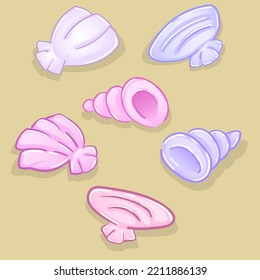 Clam shells and oysters. Sea decorations. Marine life underwater and on the beach. Isolated embellishments for postcards and vacation or travel advertising. Pink, purple and blue tint.