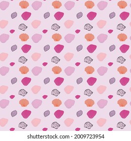 Clam shells in pink and purple on light pink background. Designed in seamless repeat pattern. Ideal to be used in combination with the seagull collection. Can be printed on fabric, or bedding products