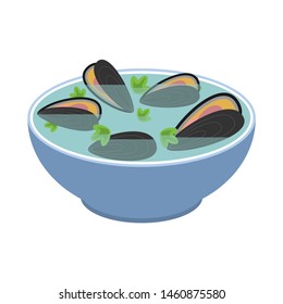 Clam soup isolated. Seafood japanese. shell bowl vector illustration