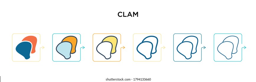 Clam vector icon in 6 different modern styles. Black, two colored clam icons designed in filled, outline, line and stroke style. Vector illustration can be used for web, mobile, ui