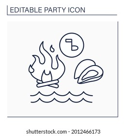 Clambake line icon.Outdoor celebrations. Seafood on heated rocks near fire. Party concept. Isolated vector illustration. Editable stroke