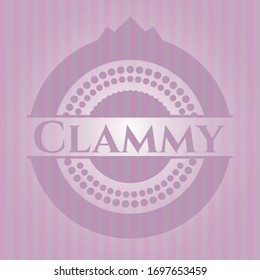 Clammy badge with pink background. Vector Illustration. Detailed.