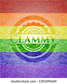Clammy emblem on mosaic background with the colors of the LGBT flag