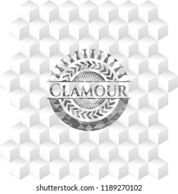 Clamour grey emblem with geometric cube white background