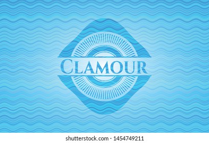 Clamour sky blue water wave style badge. Vector Illustration. Detailed.