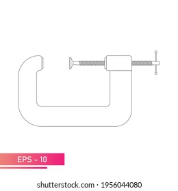 Clamp for carpentry and locksmithing. Linear design. On a white background. Tools for carpenters and carpenters. Flat vector illustration.