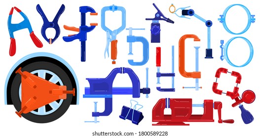 Clamp compress hand tools vector illustration set. Cartoon flat compression pressure gripping items collection for compressive metal work, worker plier, carpenter handyman clamp isolated on white