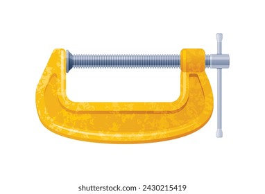 Clamp compress tool. Vise squeeze vector tool. Realistic cartoon yellow clamp compress with screw to tighten, grip object. Isolated metal vise icon. Carpenter accessories tool. 3d handyman instrument