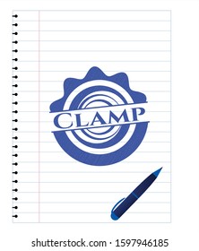 Clamp emblem with pen effect. Blue ink. Vector Illustration. Detailed.