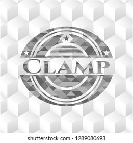 Clamp grey emblem. Retro with geometric cube white background