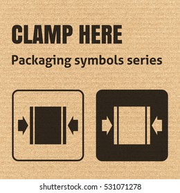 CLAMP HERE packaging symbol on a corrugated cardboard background. For use on cardboard boxes, packages and parcels. EPS10 vector illustration
