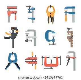 Clamp icon adjustable engineering clip different shape set isometric vector illustration. Steel mechanical fixing instrument for maintenance pressure technology with screw handle industrial compress