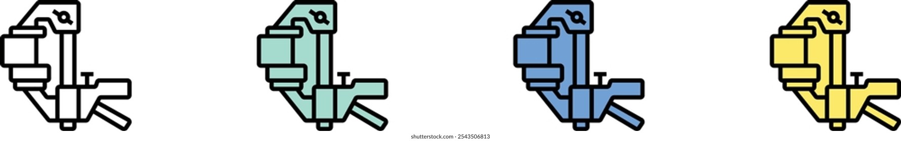 Icono de pinza. Esquema, diseño de estilo verde, azul y amarillo aislado sobre fondo blanco