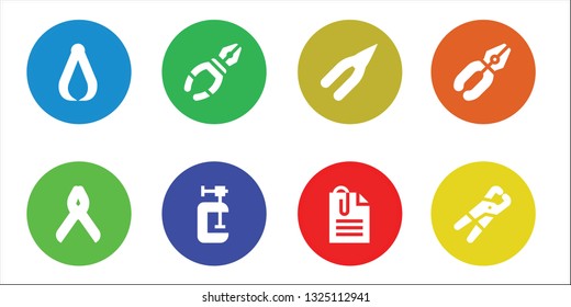 clamp icon set. 8 filled clamp icons.  Collection Of - Pliers, Clamp, Paperclip