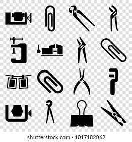 Clamp icons. set of 16 editable filled clamp icons such as pliers, paper clip, clip, photos on rope