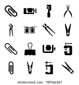 Clamp icons. set of 16 editable filled clamp icons such as cloth pin, pliers, paper clip, clip