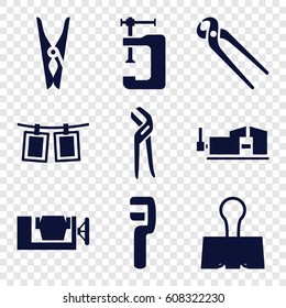 Clamp icons set. set of 9 clamp filled icons such as cloth pin, pliers