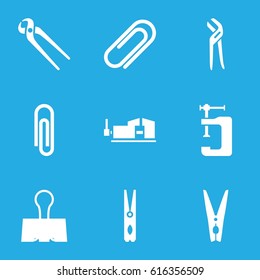 Clamp icons set. set of 9 clamp filled icons such as cloth pin, pliers, clip