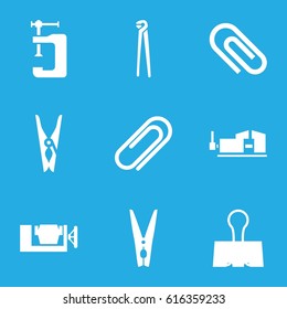 Clamp icons set. set of 9 clamp filled icons such as cloth pin, pliers