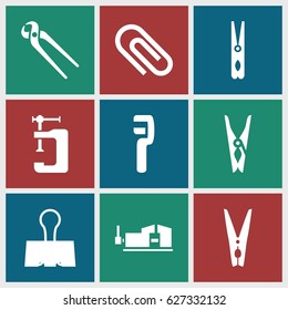 Clamp icons set. set of 9 clamp filled icons such as cloth pin, pliers