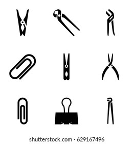 Clamp icons set. set of 9 clamp filled icons such as cloth pin, pliers, clip, paper clamp