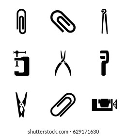 Clamp icons set. set of 9 clamp filled icons such as cloth pin, pliers, clip