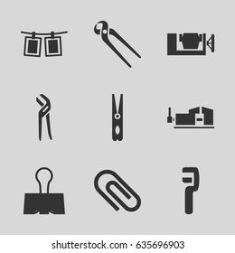 Clamp icons set. set of 9 clamp filled icons such as cloth pin, pliers, photos on rope
