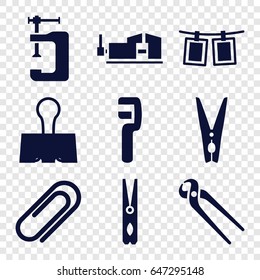 Clamp icons set. set of 9 clamp filled icons such as cloth pin, pliers, clip