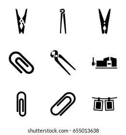 Clamp icons set. set of 9 clamp filled icons such as cloth pin, pliers, vice clamp, clip, photos on rope