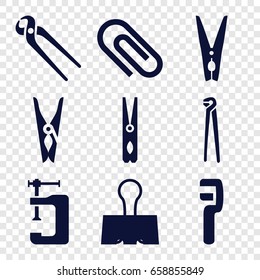 Clamp icons set. set of 9 clamp filled icons such as cloth pin, pliers