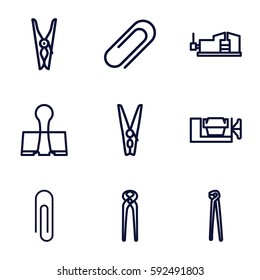 clamp icons set. Set of 9 clamp outline icons such as cloth pin, pliers, clip