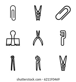 Clamp icons set. set of 9 clamp outline icons such as cloth pin, pliers, clip