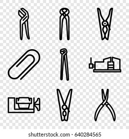 Clamp icons set. set of 9 clamp outline icons such as cloth pin, vice clamp, pliers