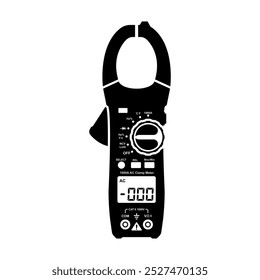 Icono negro de la pinza amperimétrica. Pinza amperimétrica digital actual. Herramienta de medición del electricista de la silueta. Herramienta o equipo de electricista aislado sobre fondo blanco. Diseño plano de Ilustración vectorial. 