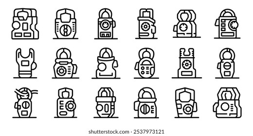 Conjunto de iconos de pinza amperimétrica. Los dosímetros miden con precisión la exposición a la radiación, protegiendo al personal de las centrales nucleares, los laboratorios y otras Configuraciones de alto riesgo