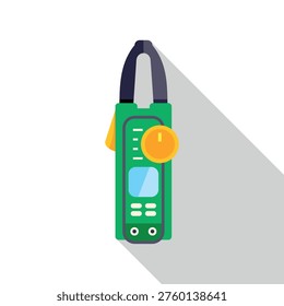 Clamp meter measuring electrical current with an orange dial and screen