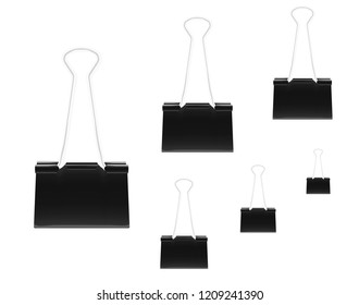 Clamp for paper, realistic vector illustration. Various sizes set. Black metal binder clips isolated on white background