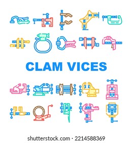 clamp vice grip tool metal icons set vector. equipment vise, steel screw, construction hold, industry compress, industrial hold clamp vice grip tool metal color line illustrations