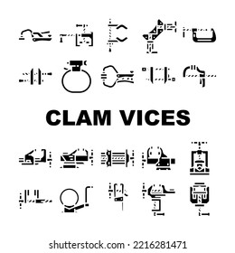 clamp vice grip tool metal icons set vector. equipment vise, steel screw, construction hold, industry compress, industrial hold clamp vice grip tool metal glyph pictogram Illustrations